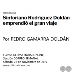 SINFORIANO RODRGUEZ DOLDN EMPRENDI EL GRAN VIAJE - Por PEDRO GAMARRA DOLDN - Sbado, 23 de Noviembre de 2019 - CORREO SEMANAL